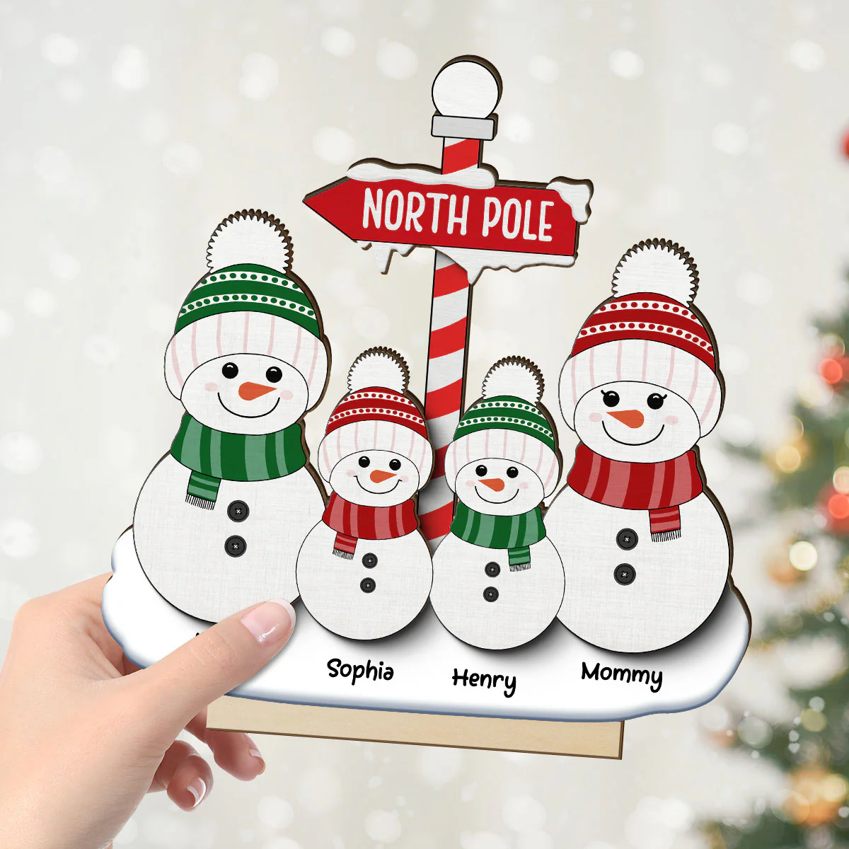 North Pole Snowman Family Christmas Personalized 2-Layer Standing Wooden Plaque - Image 4