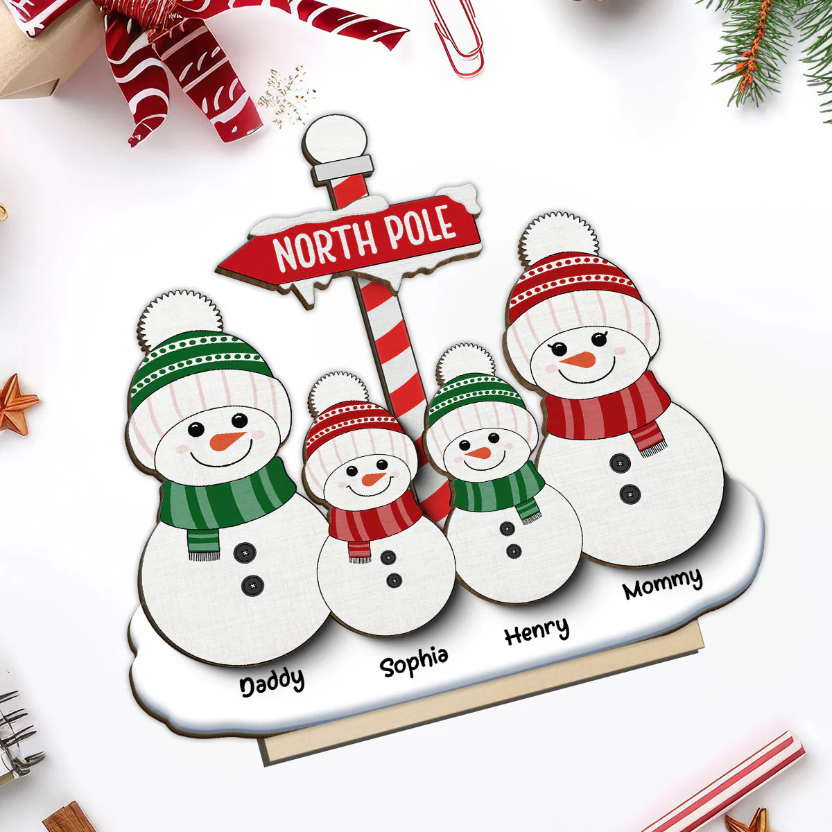 North Pole Snowman Family Christmas Personalized 2-Layer Standing Wooden Plaque - Image 5