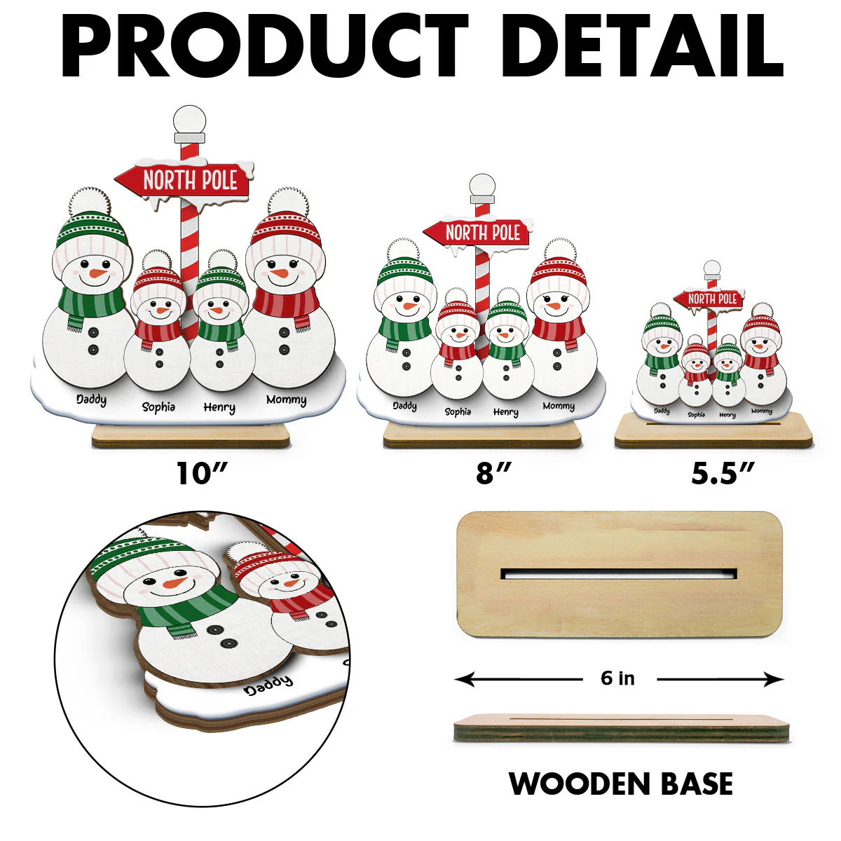 North Pole Snowman Family Christmas Personalized 2-Layer Standing Wooden Plaque - Image 6