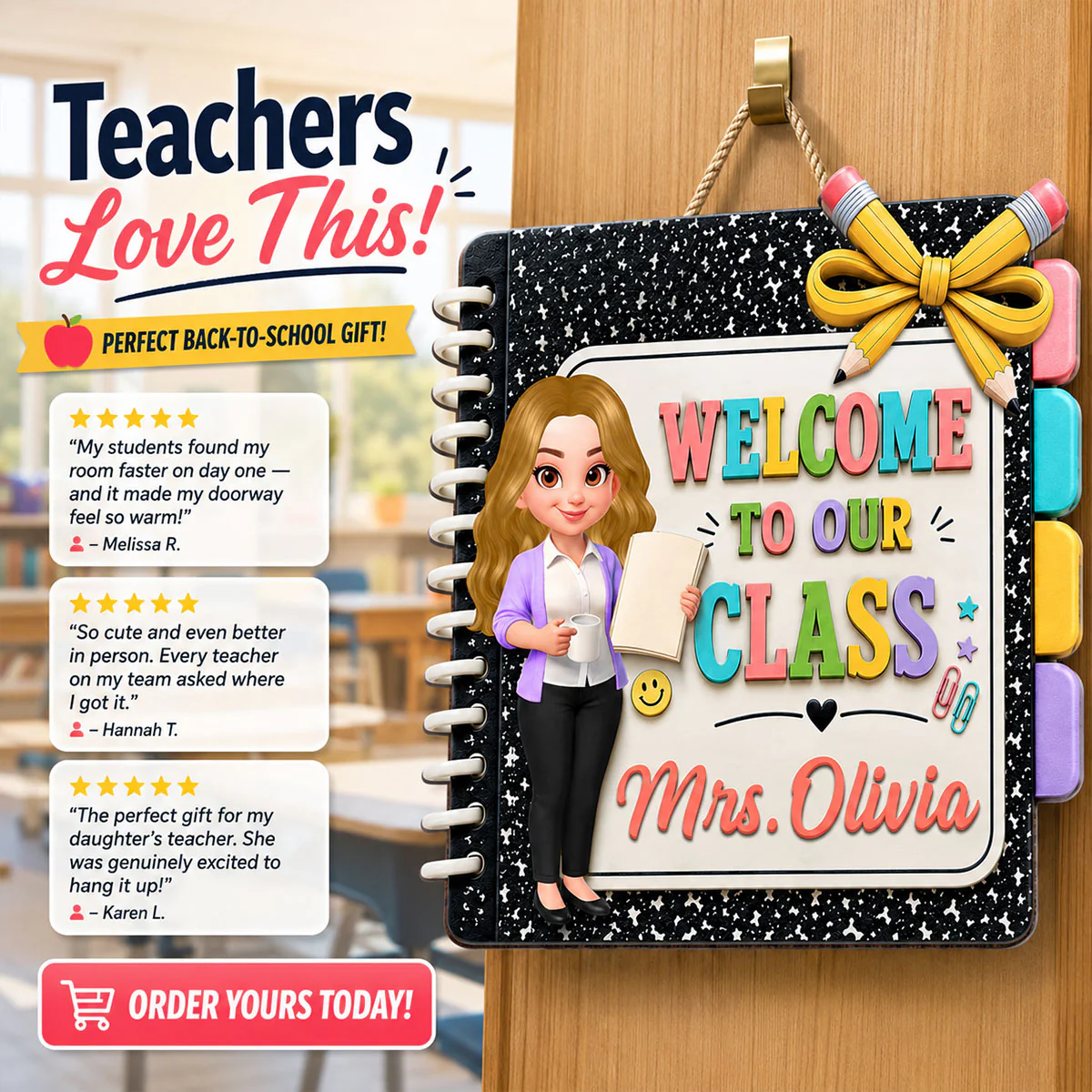Notebook Teacher Welcome To Class - Personalized Wood Sign - Back To School Gift For Teacher, Classroom Decorations - Image 4
