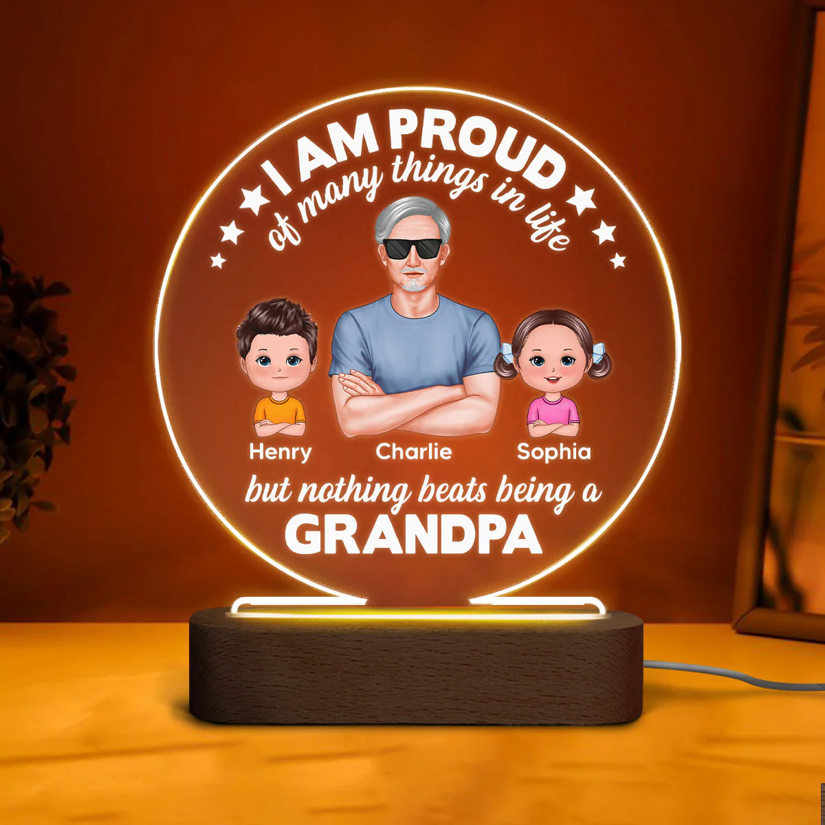 Nothing Beats Being A Grandpa Personalized Circle LED Night Light - Image 2