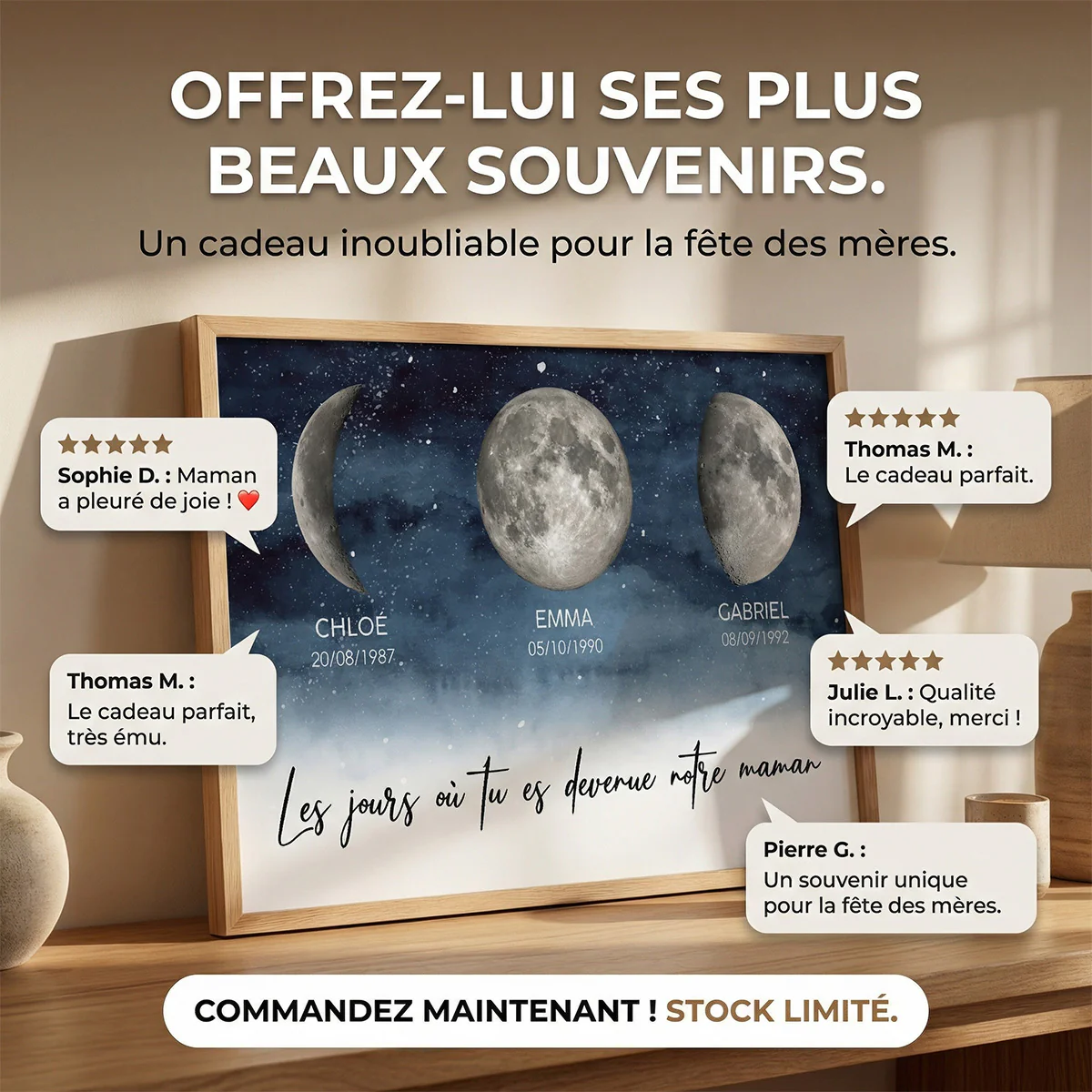 Nuit étoilée Le jour où tu es devenue Maman, Mamie – Affiche personnalisée avec phases de lune de naissance – Cadeau de Fête des Mères pour Maman ou Mamie - Image 7