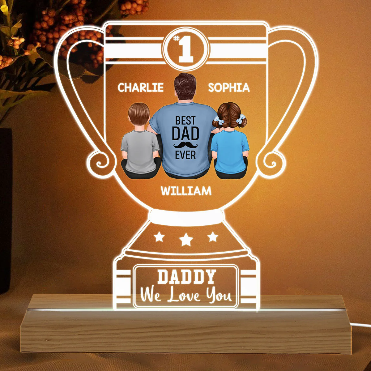 Number 1 Dad Grandpa Back View Trophy Personalized Acrylic Custom Shape LED Night Light - Image 2