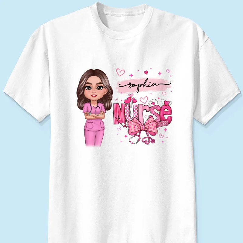 Nurse Pink Coquette Bow Personalized Shirt, Birthday  Gift For Nurse Wife Girlfriend Bestie - Image 7
