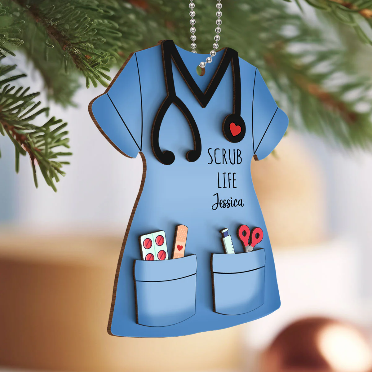Nurse Scrub Life Personalized 2-Layer Wooden Ornament, Medical Christmas Ornament Gift For Nurses - Image 3