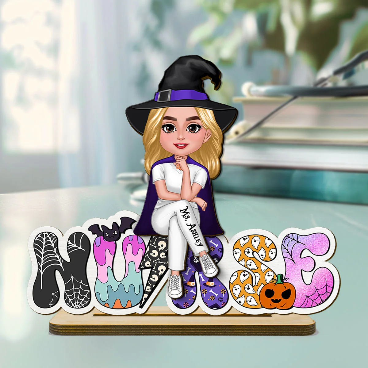 Nurse Sitting Halloween Pattern Personalized Standing Wooden Plaque - Image 2