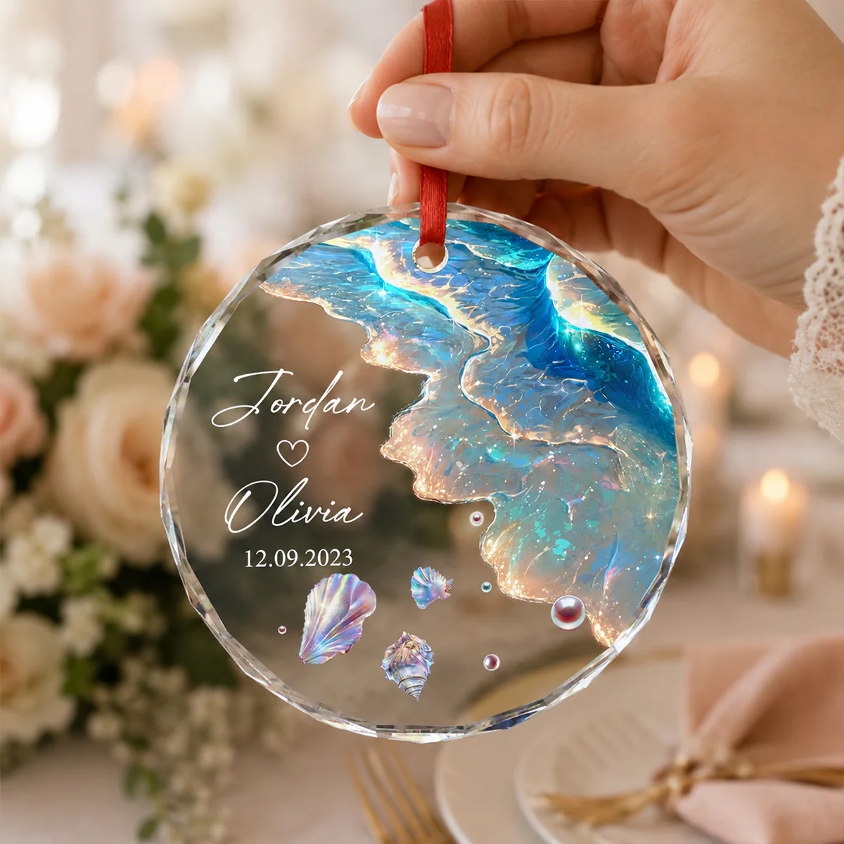 Ocean Wave Custom Engagement Wedding Gift for Couple - Personalized Glass Ornament - Mermaid Tail Keepsake, Mr & Mrs Anniversary Present - Image 6