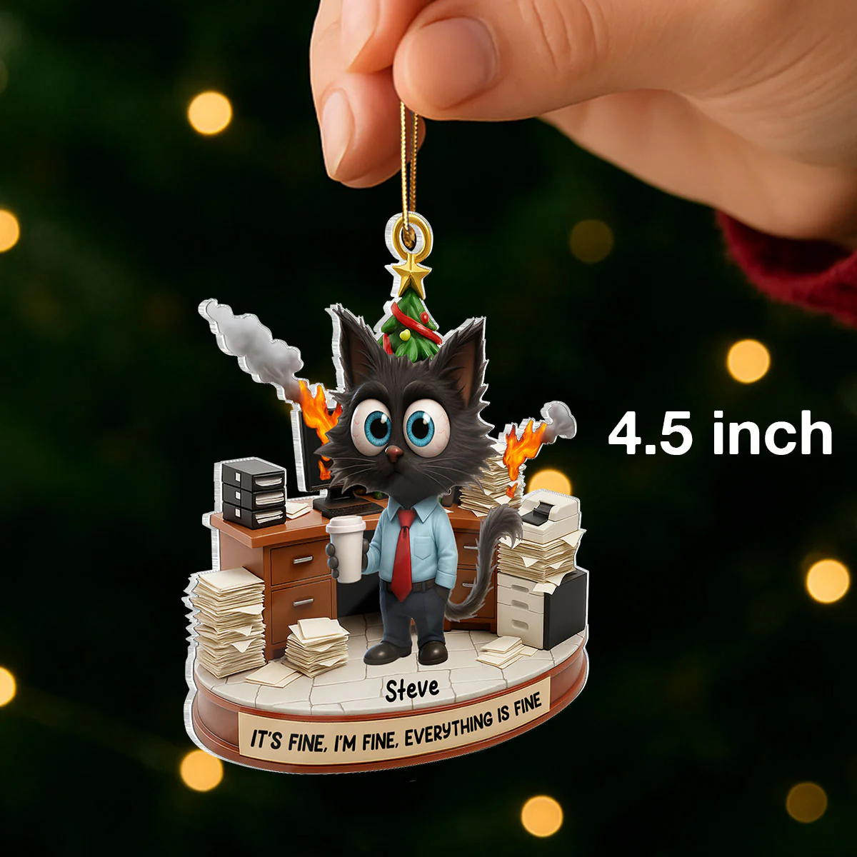 Office Chaos It's Fine We're Fine Funny Cat - Personalized Acrylic Ornament - Christmas Gift for Coworkers, White Elephant, Secret Santa Gift - Image 2