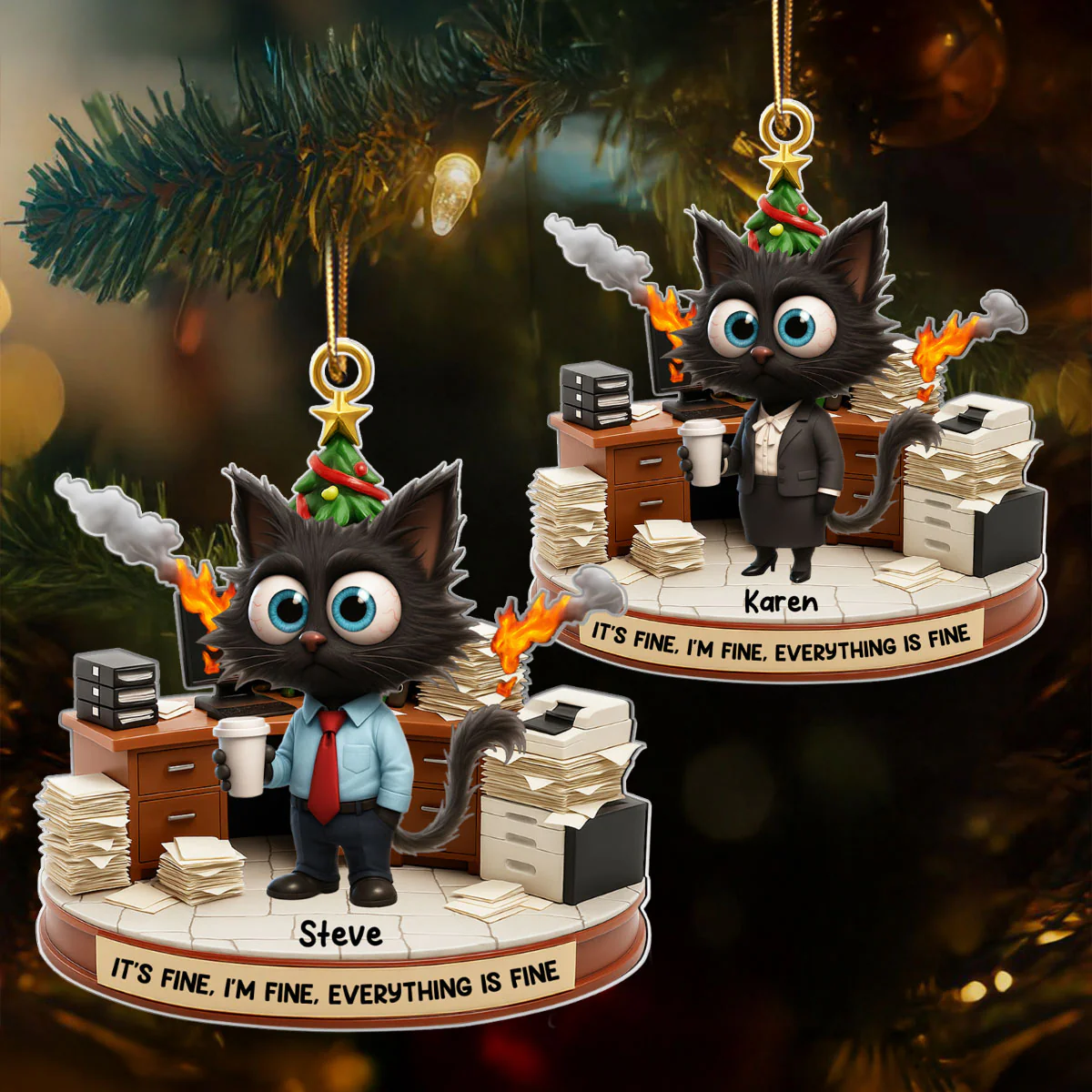 Office Chaos It's Fine We're Fine Funny Cat - Personalized Acrylic Ornament - Christmas Gift for Coworkers, White Elephant, Secret Santa Gift - Image 3
