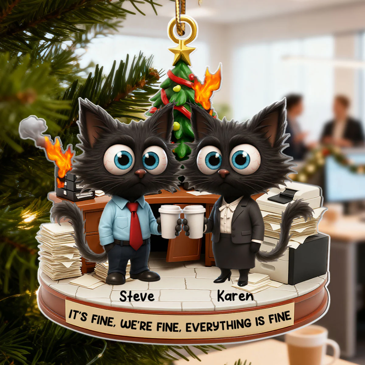 Office Chaos It's Fine We're Fine Funny Cat - Personalized Acrylic Ornament - Christmas Gift for Coworkers, White Elephant, Secret Santa Gift - Image 4