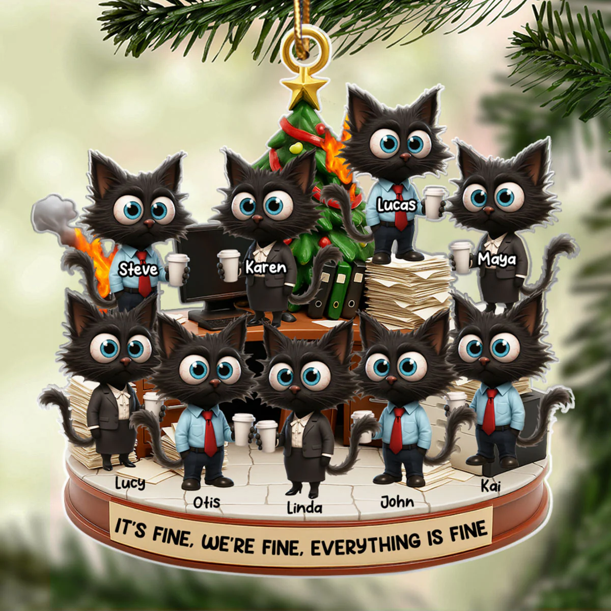 Office Chaos It's Fine We're Fine Funny Cat - Personalized Acrylic Ornament - Christmas Gift for Coworkers, White Elephant, Secret Santa Gift - Image 7