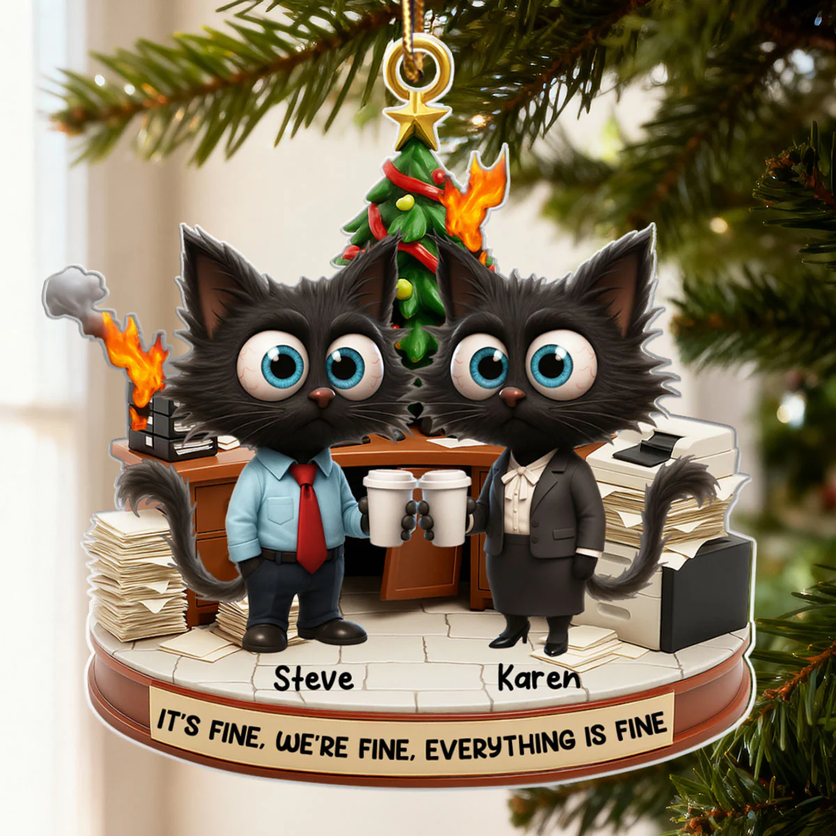 Office Chaos It's Fine We're Fine Funny Cat - Personalized Acrylic Ornament - Christmas Gift for Coworkers, White Elephant, Secret Santa Gift - Image 9