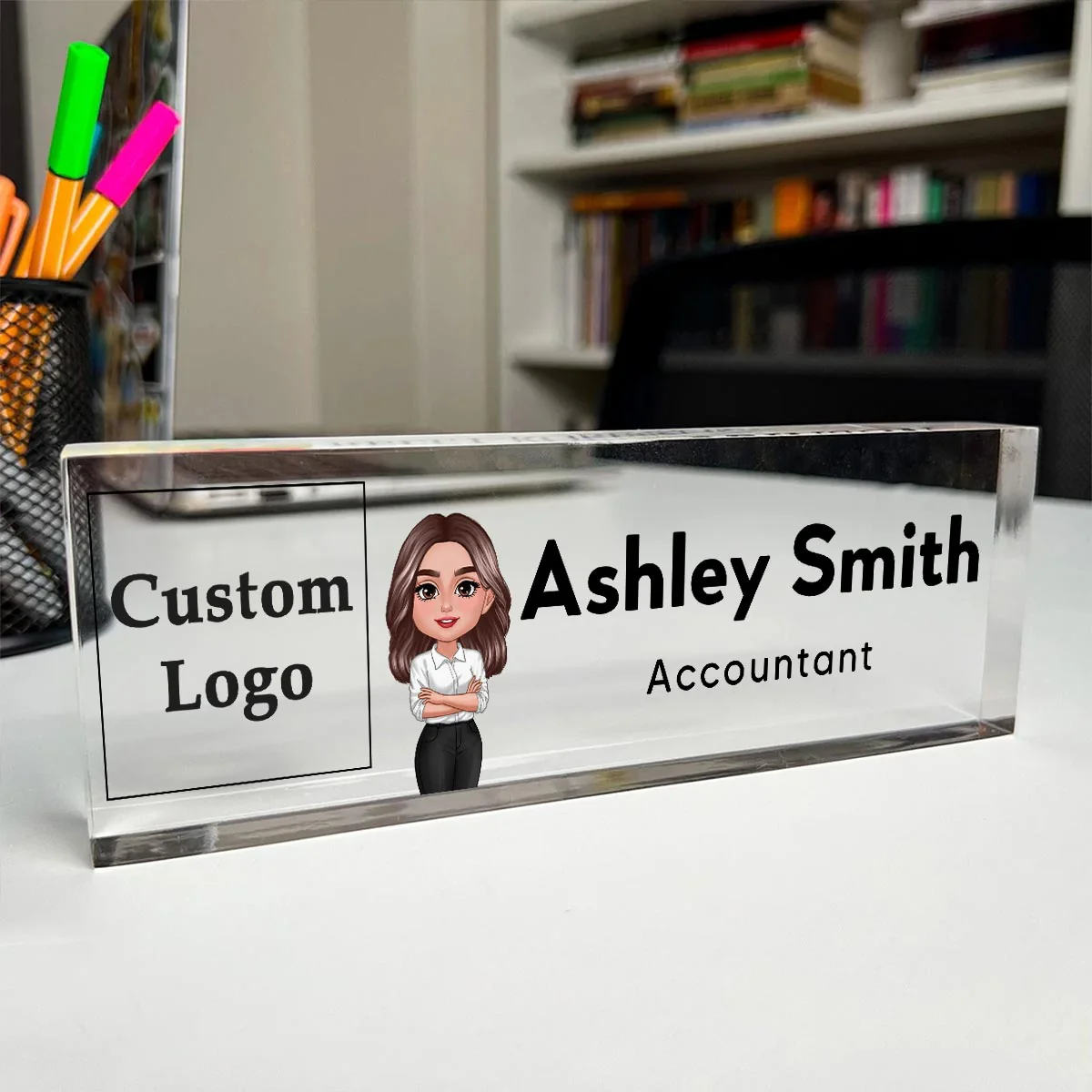 Office Woman Man Upload Your Logo Personalized Acrylic Desk Name Plate, Office Decor, Gift For Colleagues, Boss