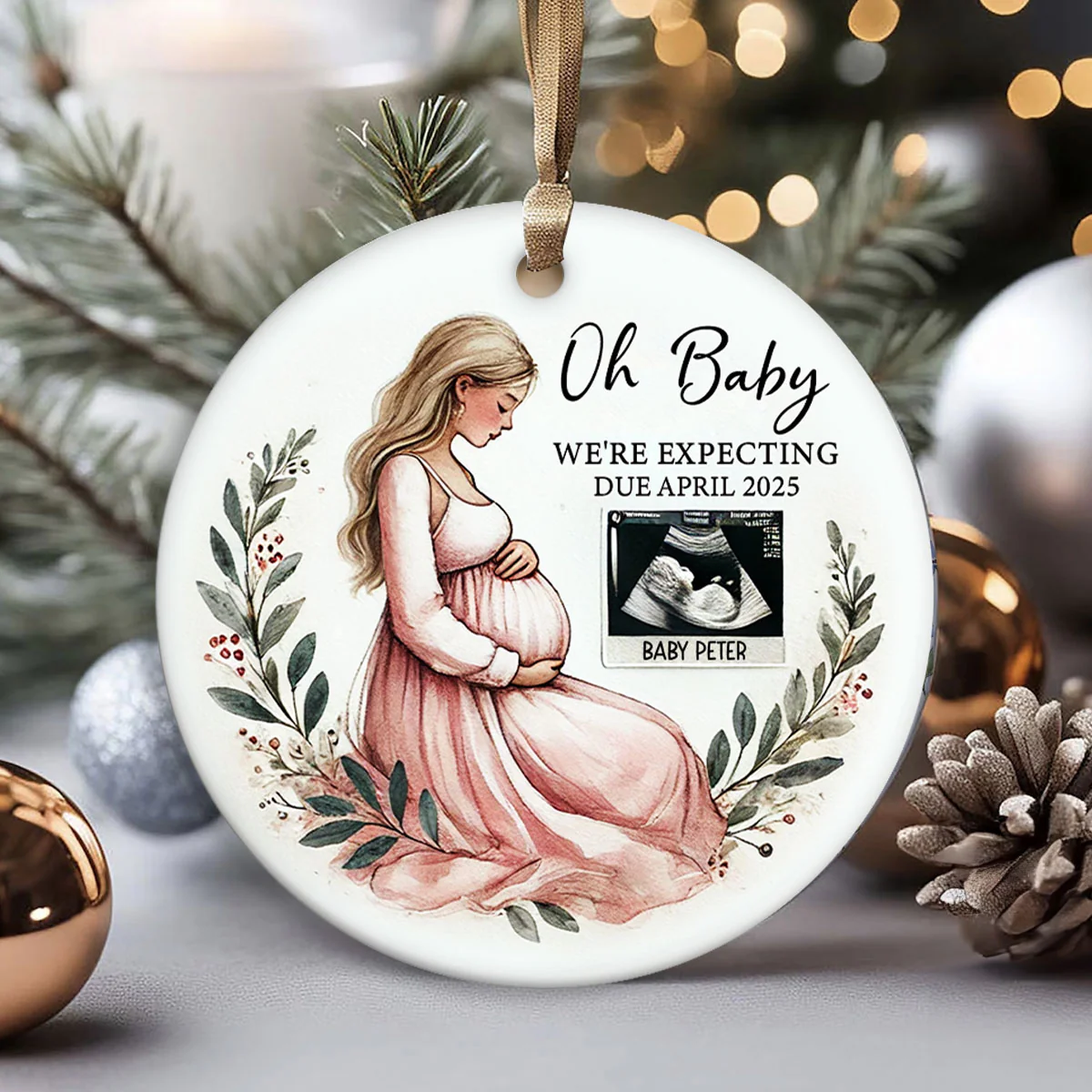 Oh Baby We're Expecting Pregnant Mom Baby Bump's Christmas Personalized Ceramic Ornament - Image 6