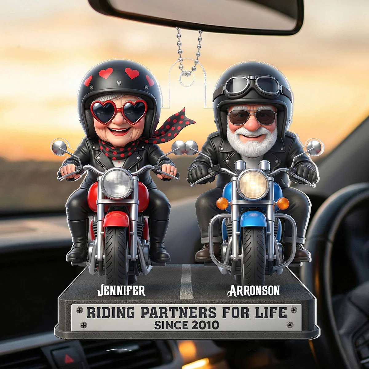 Old Biker Couple Riding Partners for Life - Personalized Acrylic Car Hanger - Sentimental Gift for her, for him