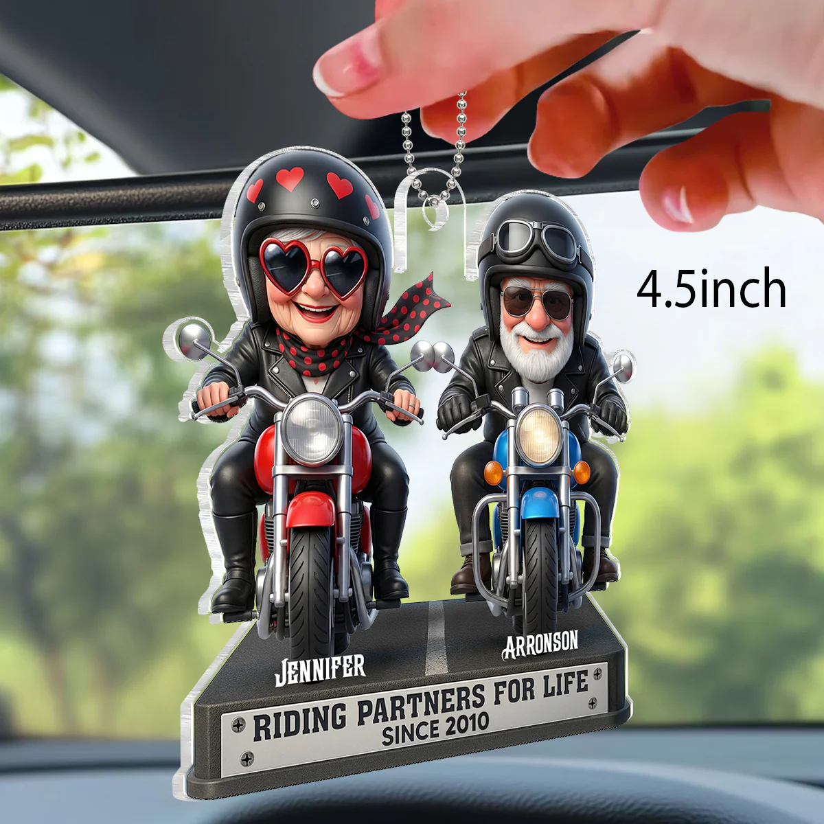 Old Biker Couple Riding Partners for Life - Personalized Acrylic Car Hanger - Sentimental Gift for her, for him - Image 2