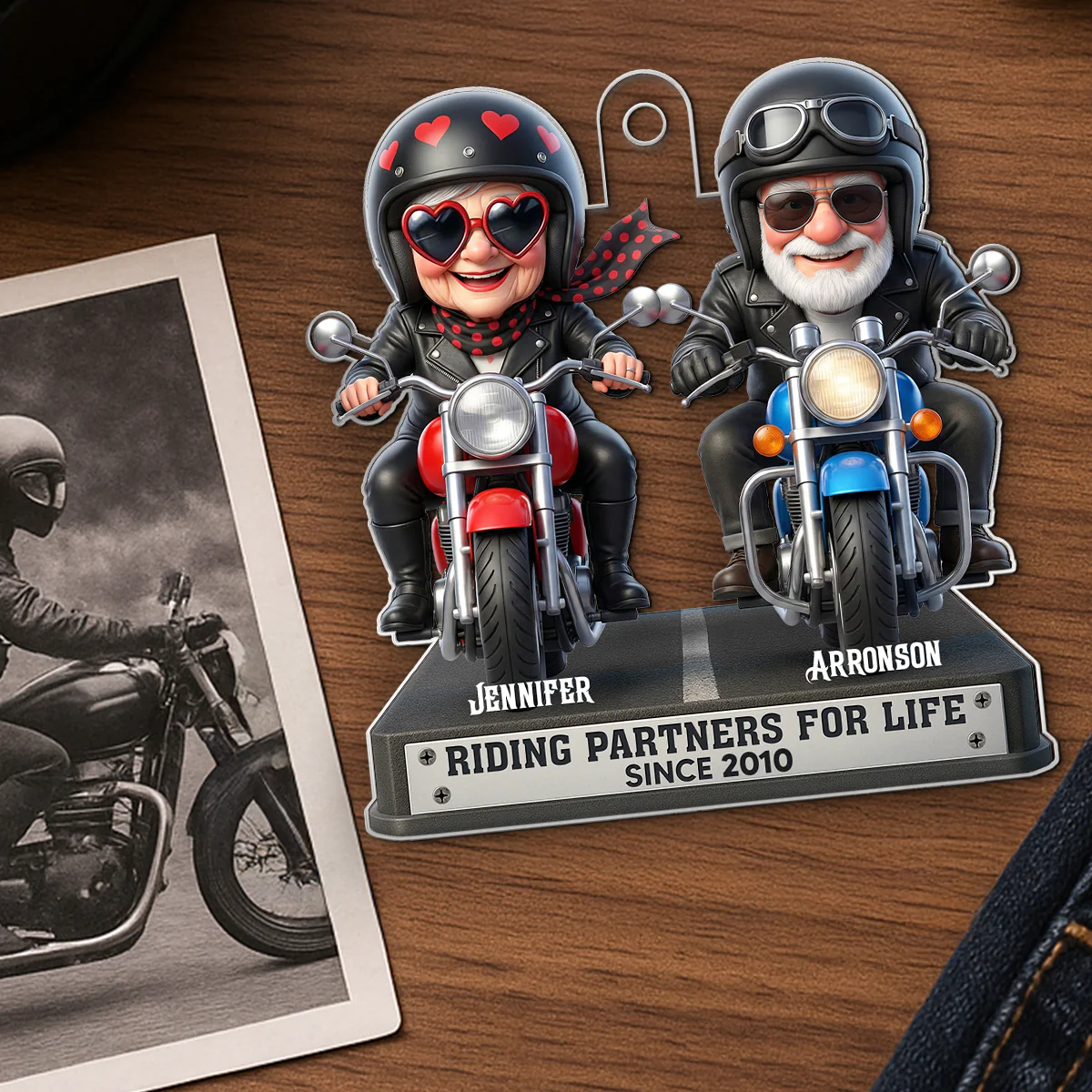 Old Biker Couple Riding Partners for Life - Personalized Acrylic Car Hanger - Sentimental Gift for her, for him - Image 4
