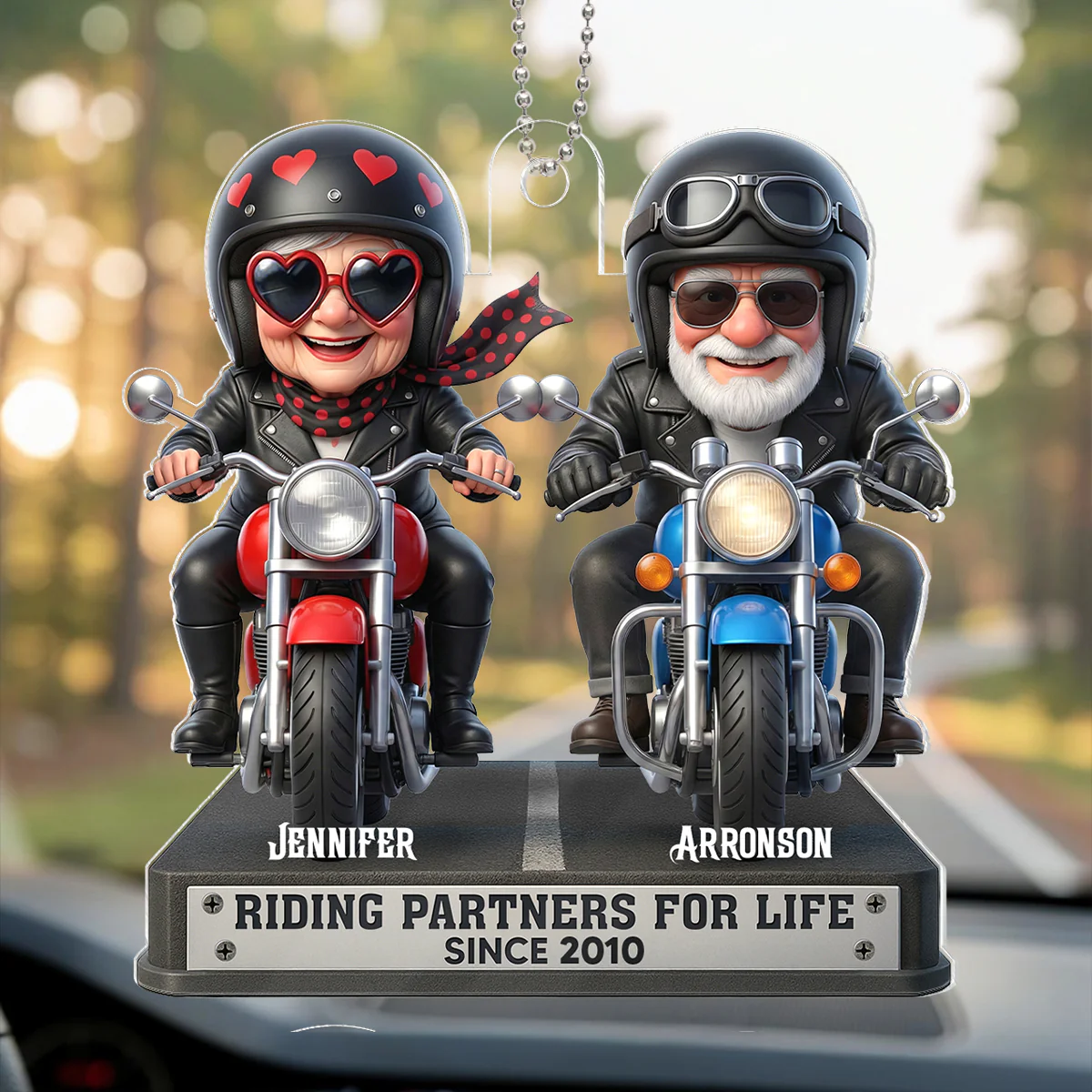 Old Biker Couple Riding Partners for Life - Personalized Acrylic Car Hanger - Sentimental Gift for her, for him - Image 7