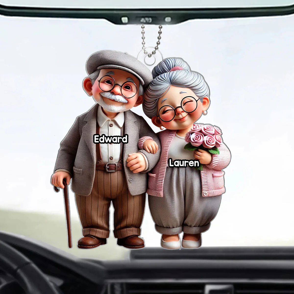 3D Effect Old Cartoon Couple Holding Hand Personalized Acrylic Car Hanger, Valentine's Day, Anniversary, Just Because Gift for him, for her - Image 2