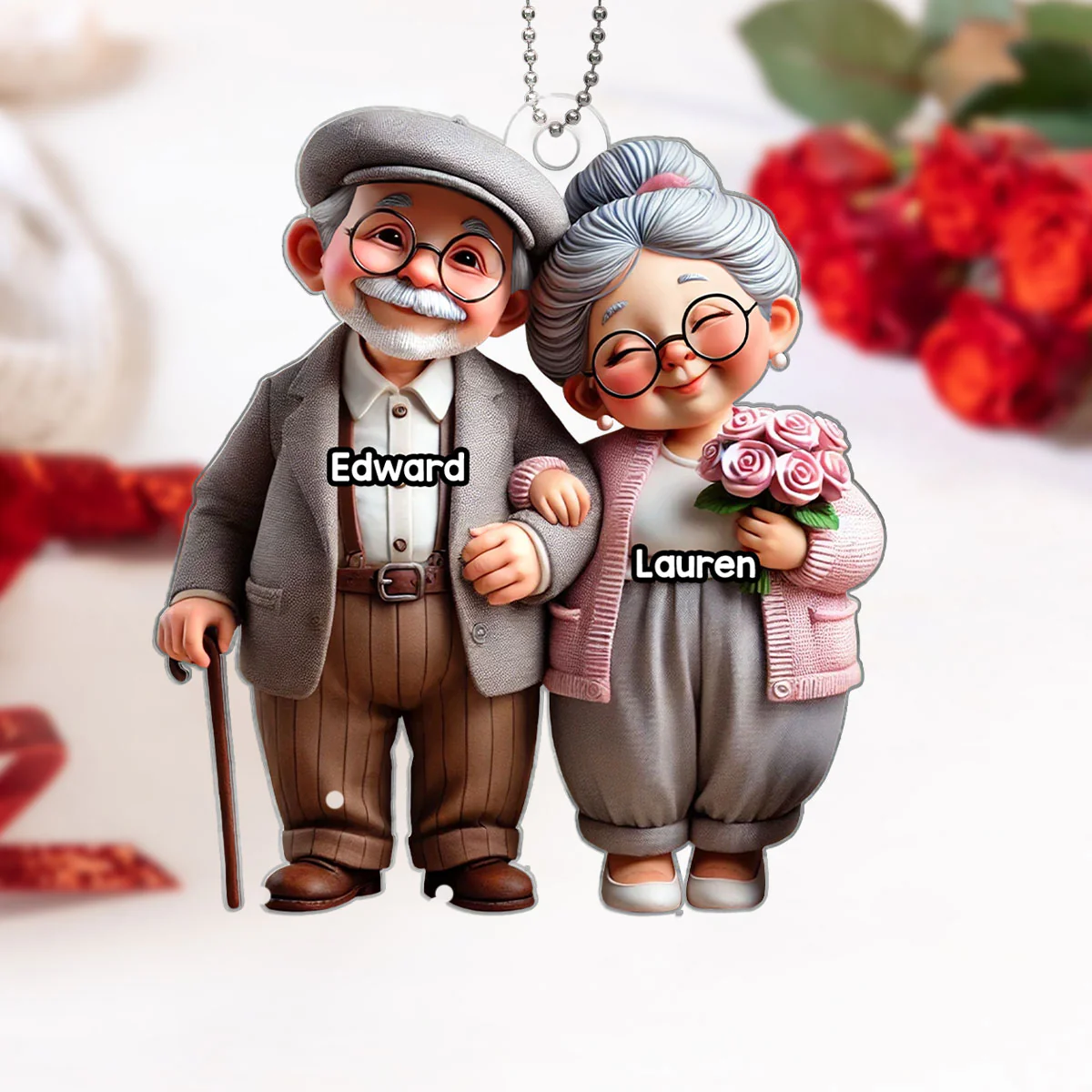 3D Effect Old Cartoon Couple Holding Hand Personalized Acrylic Car Hanger, Valentine's Day, Anniversary, Just Because Gift for him, for her - Image 3
