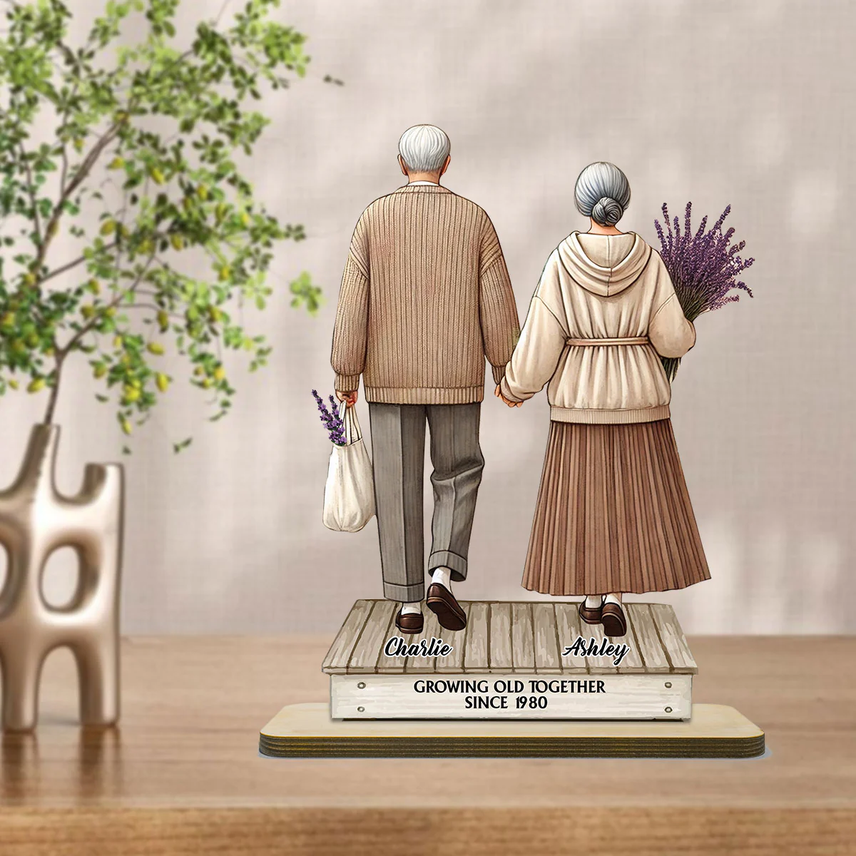 Old Couple Holding Hands Walking Personalized Standing Wooden Plaque - Image 2