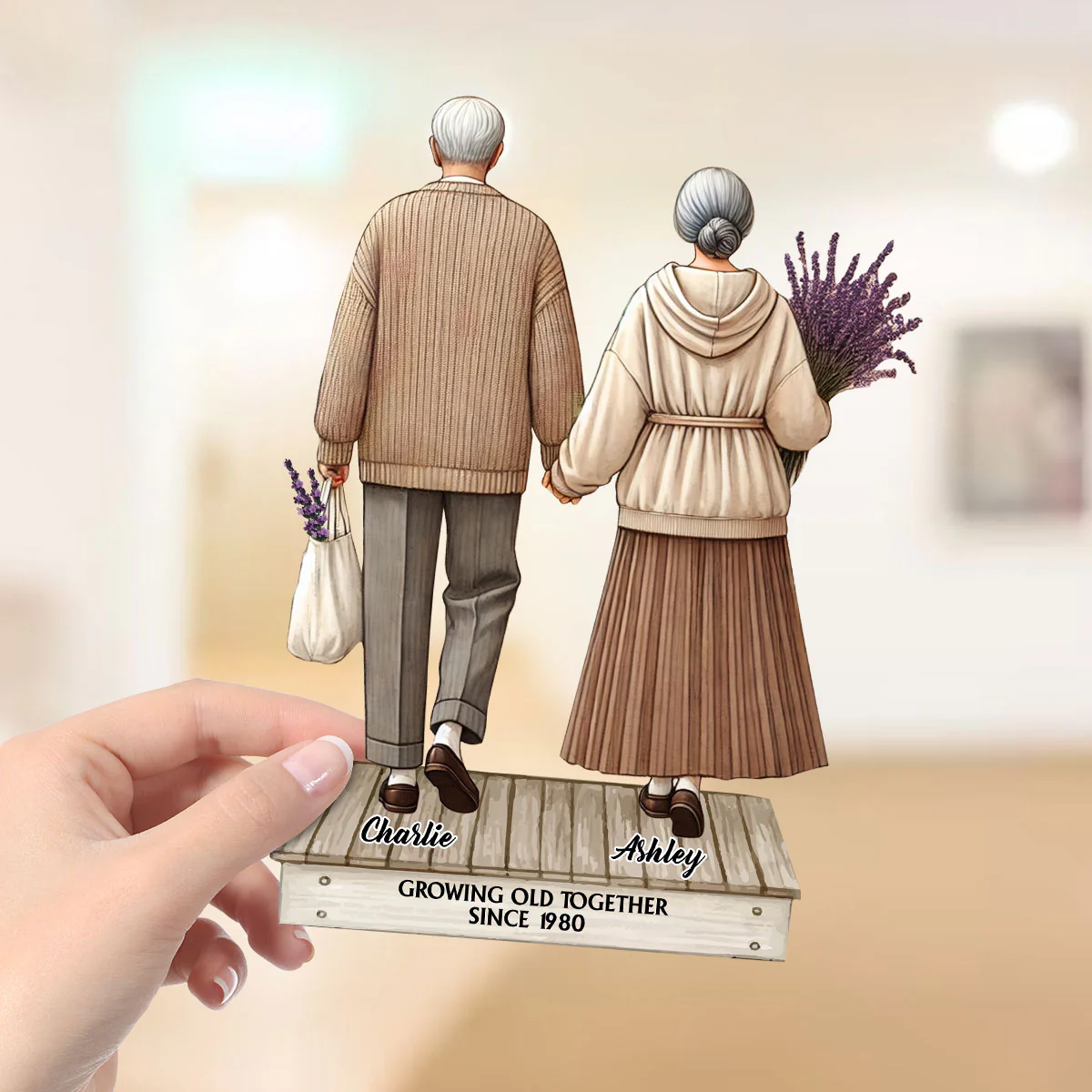 Old Couple Holding Hands Walking Personalized Standing Wooden Plaque - Image 3