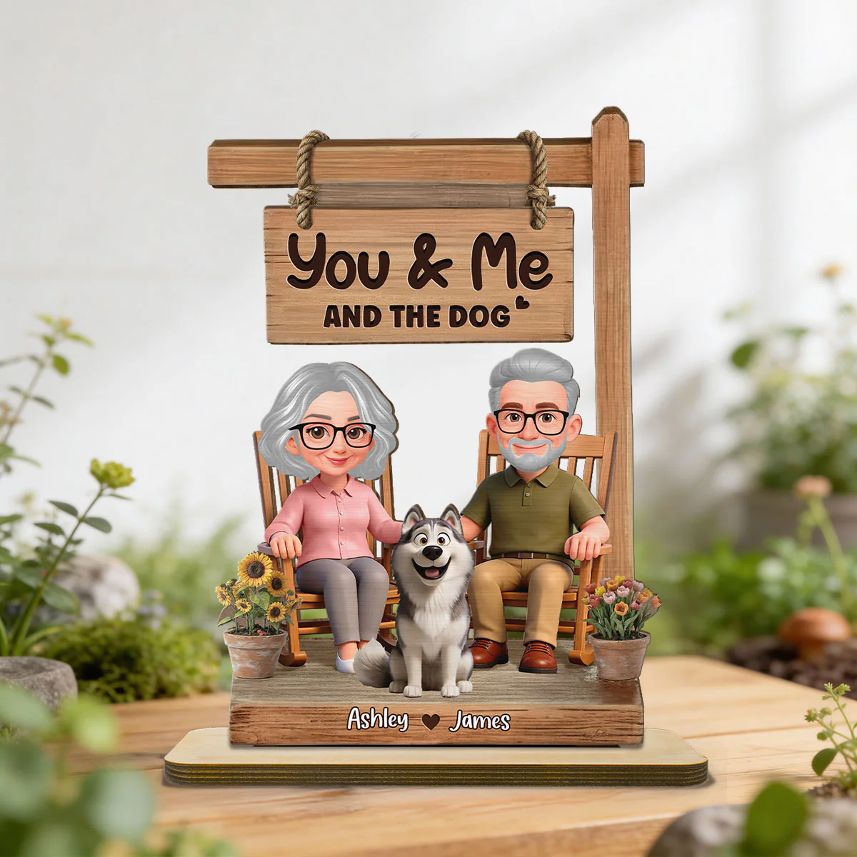 Old Couple On Rocking Chair & Dog 2D Flat - Personalized 2-Layered Wooden Plaque - Anniversary, Valentine's Day Gift For Him, Gift For Her