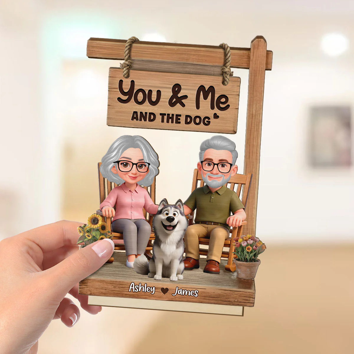 Old Couple On Rocking Chair & Dog 2D Flat - Personalized 2-Layered Wooden Plaque - Anniversary, Valentine's Day Gift For Him, Gift For Her - Image 4