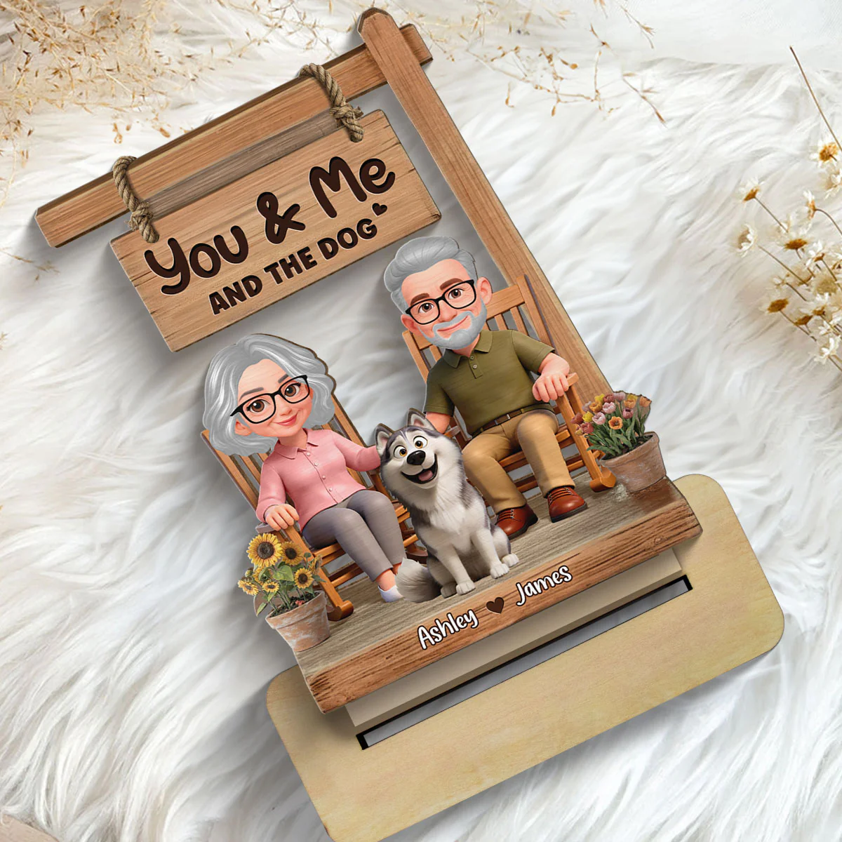 Old Couple On Rocking Chair & Dog 2D Flat - Personalized 2-Layered Wooden Plaque - Anniversary, Valentine's Day Gift For Him, Gift For Her - Image 5