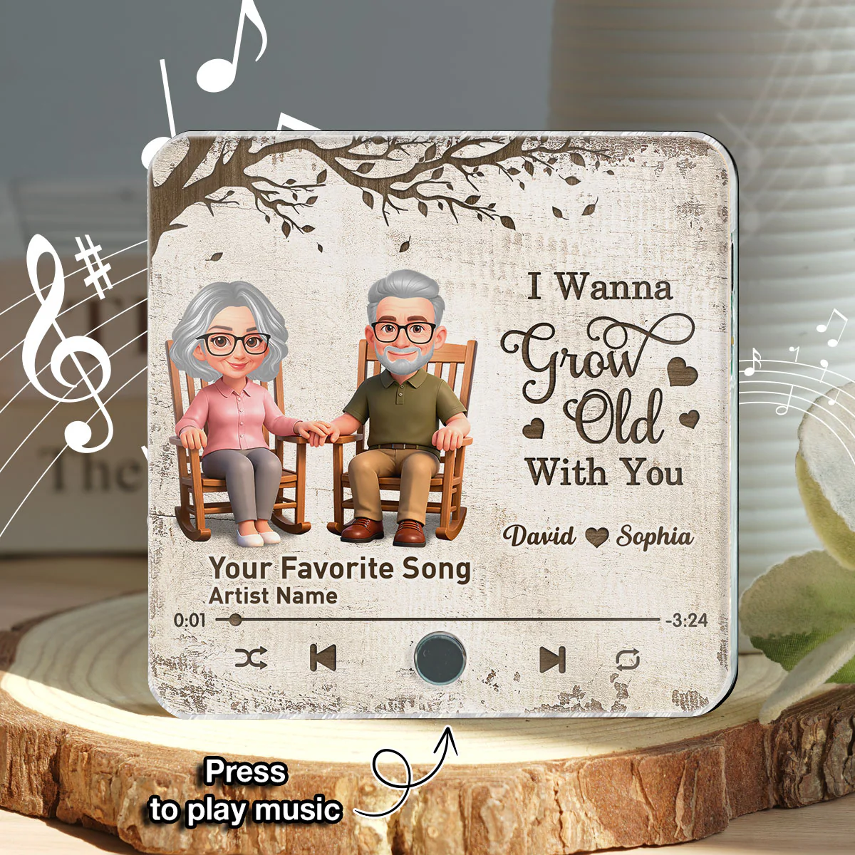 Old Couple On Rocking Chair Under Tree - Personalized Music Fridge Magnet - Anniversary Gift For Him, For Her
