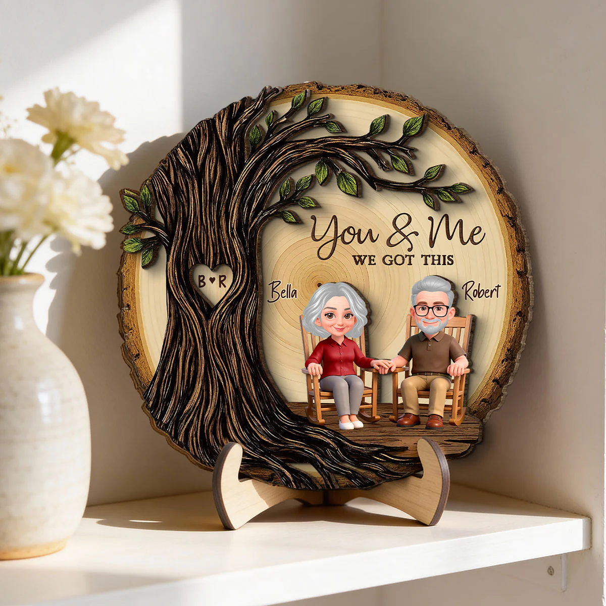 Old Couple Rocking Chair Under Heart Carved Tree - Personalized 2-Layered Wooden Plaque - Valentine's Day Gift For Couple - Image 3