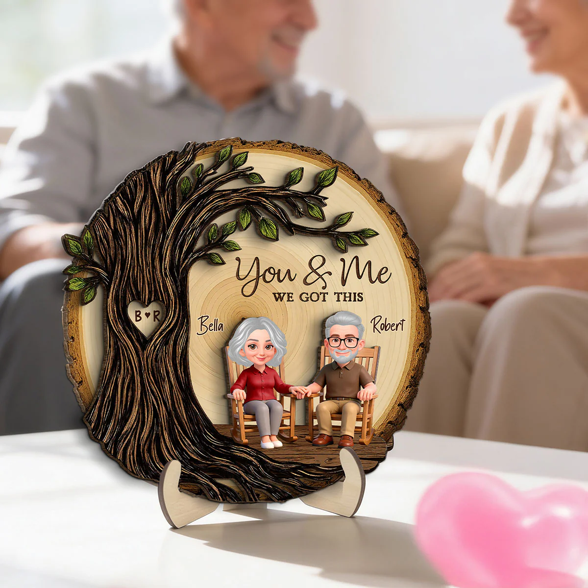 Old Couple Rocking Chair Under Heart Carved Tree - Personalized 2-Layered Wooden Plaque - Valentine's Day Gift For Couple - Image 4