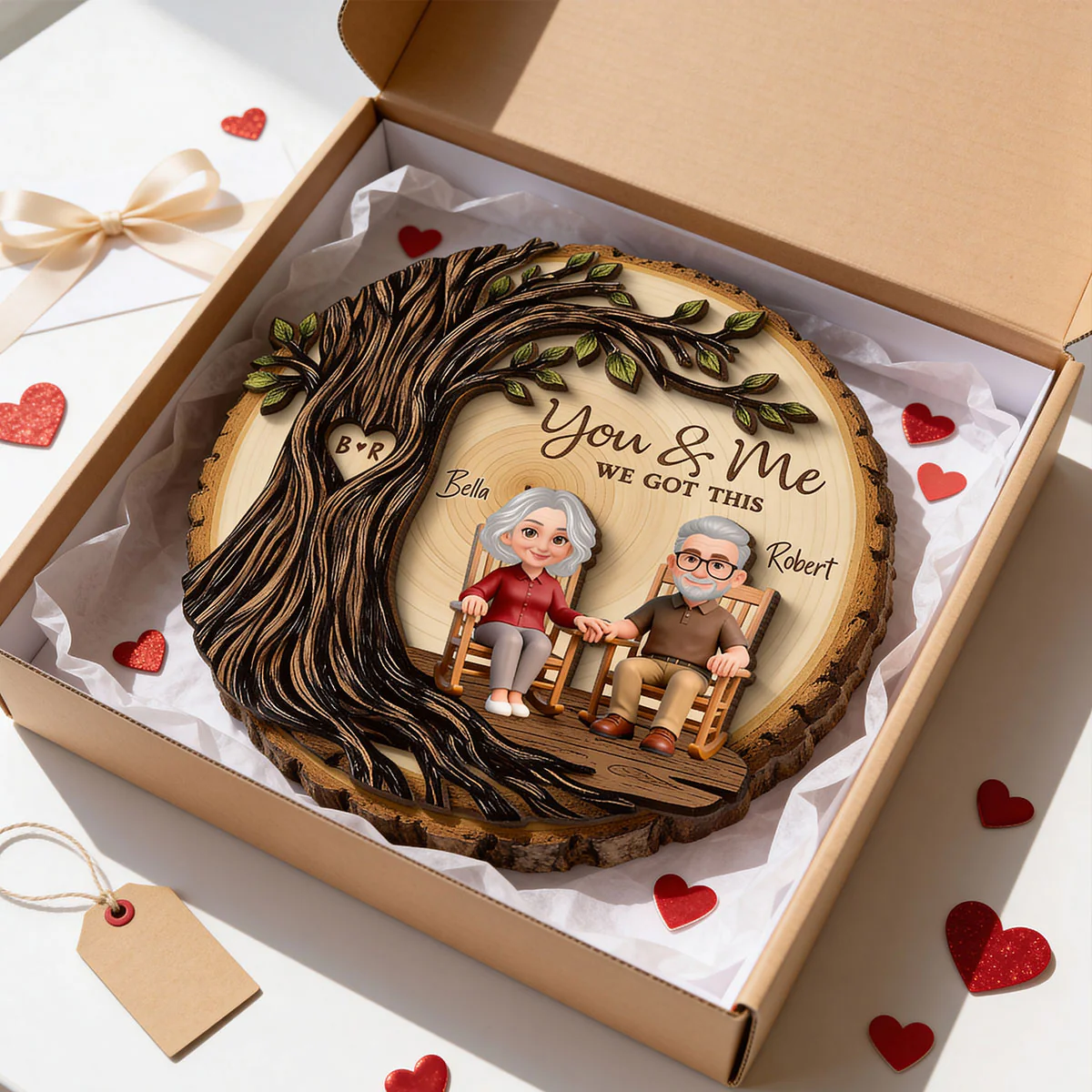 Old Couple Rocking Chair Under Heart Carved Tree - Personalized 2-Layered Wooden Plaque - Valentine's Day Gift For Couple - Image 6