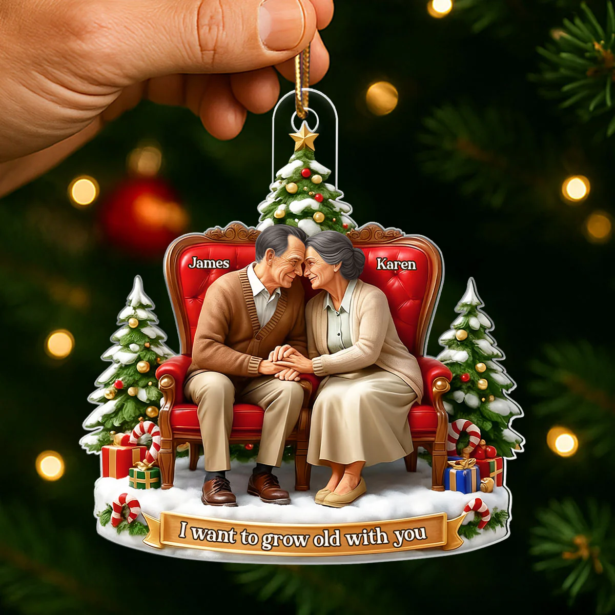 Old Couple Sitting Growing Old Together - Personalized Acrylic Ornament - Christmas Gift for him, Gift for her - Image 3