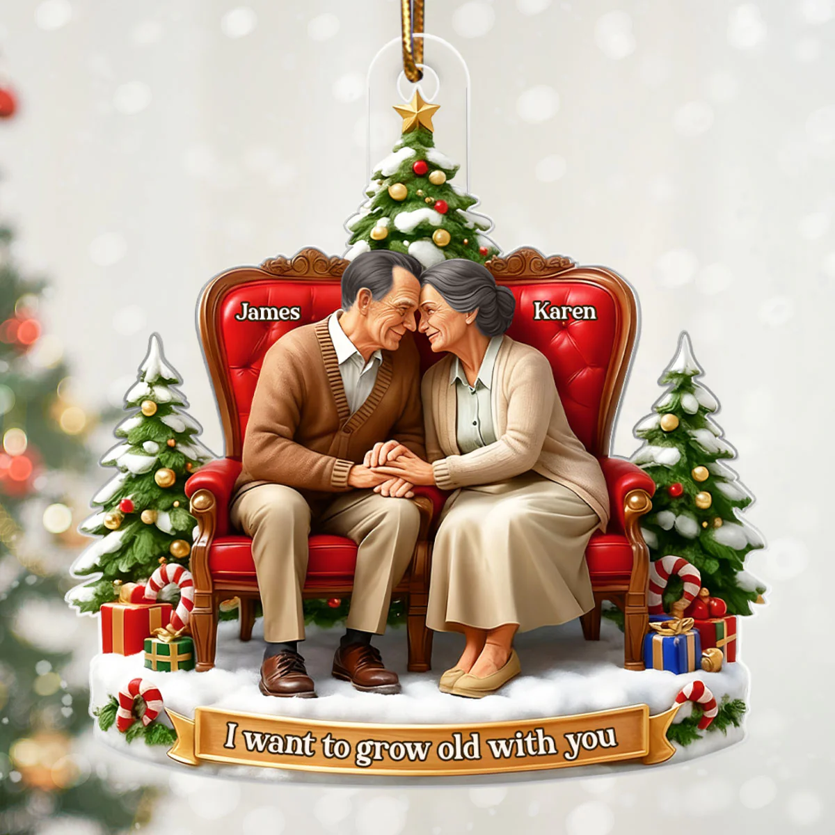 Old Couple Sitting Growing Old Together - Personalized Acrylic Ornament - Christmas Gift for him, Gift for her - Image 4
