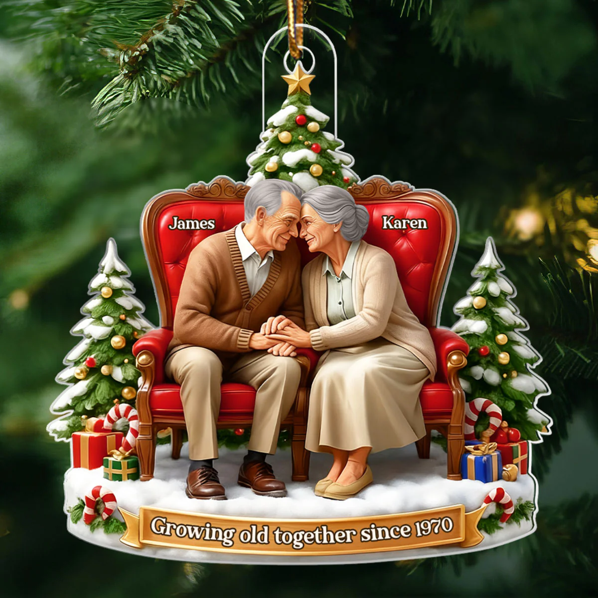 Old Couple Sitting Growing Old Together - Personalized Acrylic Ornament - Christmas Gift for him, Gift for her - Image 5
