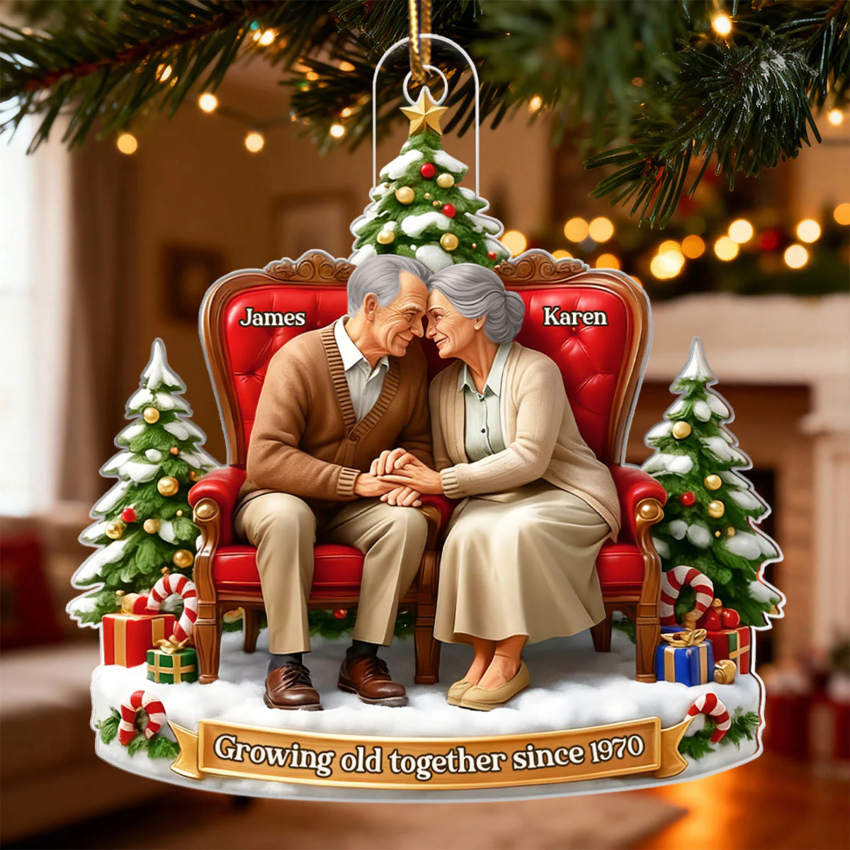 Old Couple Sitting Growing Old Together - Personalized Acrylic Ornament - Christmas Gift for him, Gift for her - Image 6