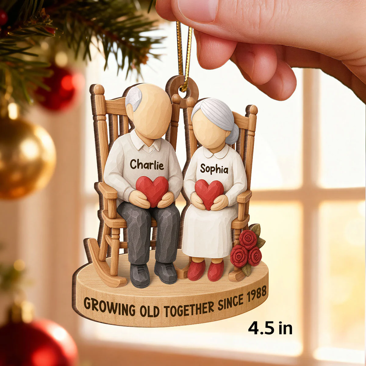 Old Couple Sitting on Chair - Personalized Wooden Ornament - Christmas Gift for him, Gift for her - Image 2