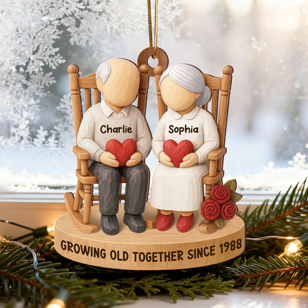 Old Couple Sitting on Chair - Personalized Wooden Ornament - Christmas Gift for him, Gift for her - Image 3