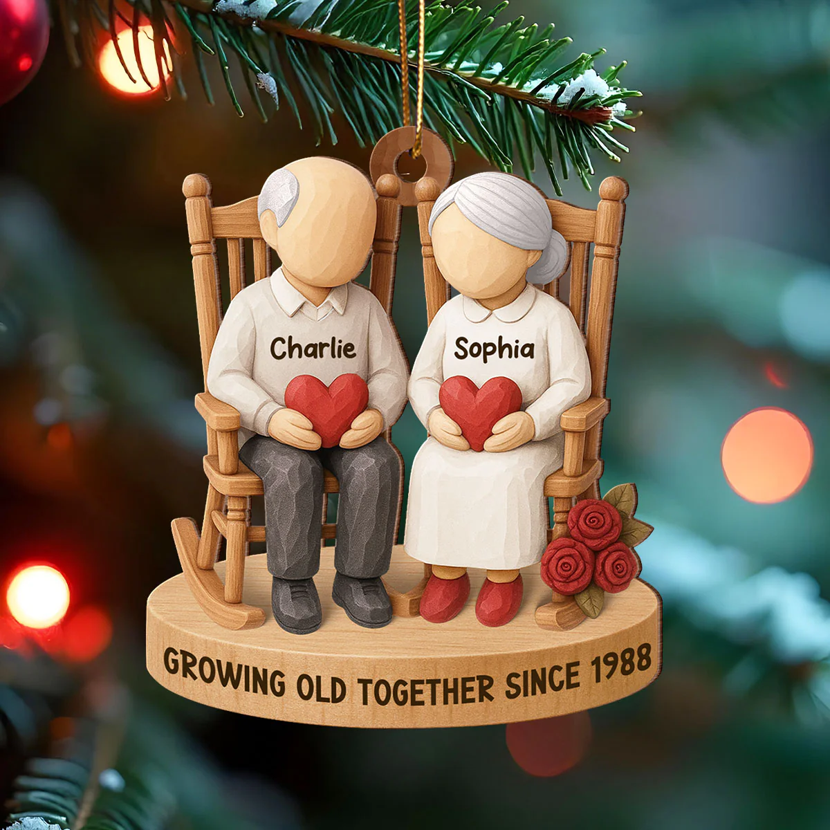 Old Couple Sitting on Chair - Personalized Wooden Ornament - Christmas Gift for him, Gift for her - Image 4