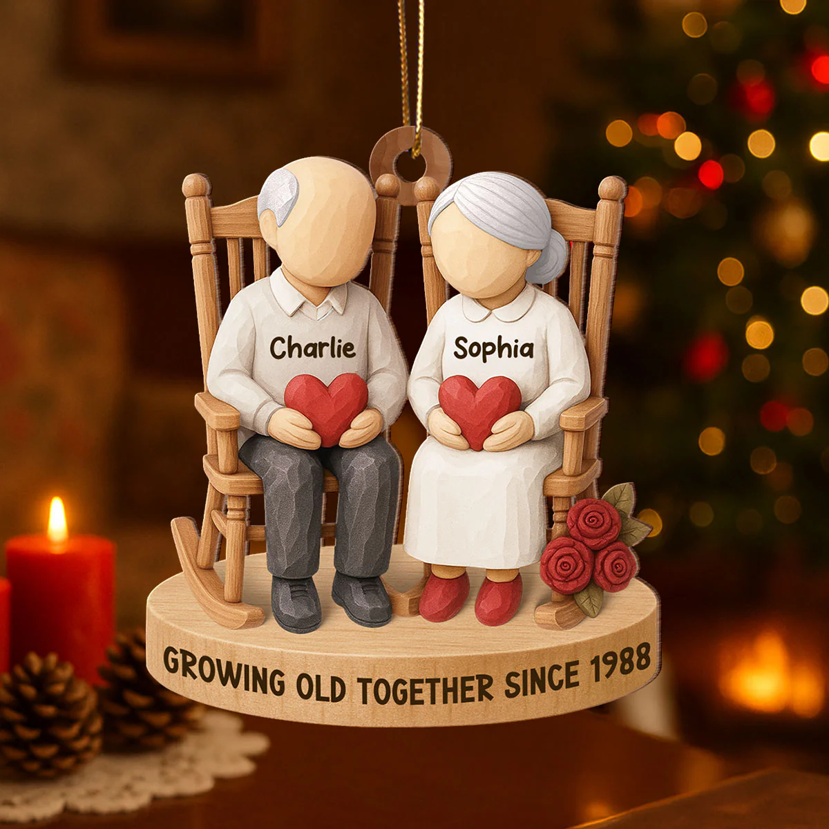 Old Couple Sitting on Chair - Personalized Wooden Ornament - Christmas Gift for him, Gift for her - Image 5