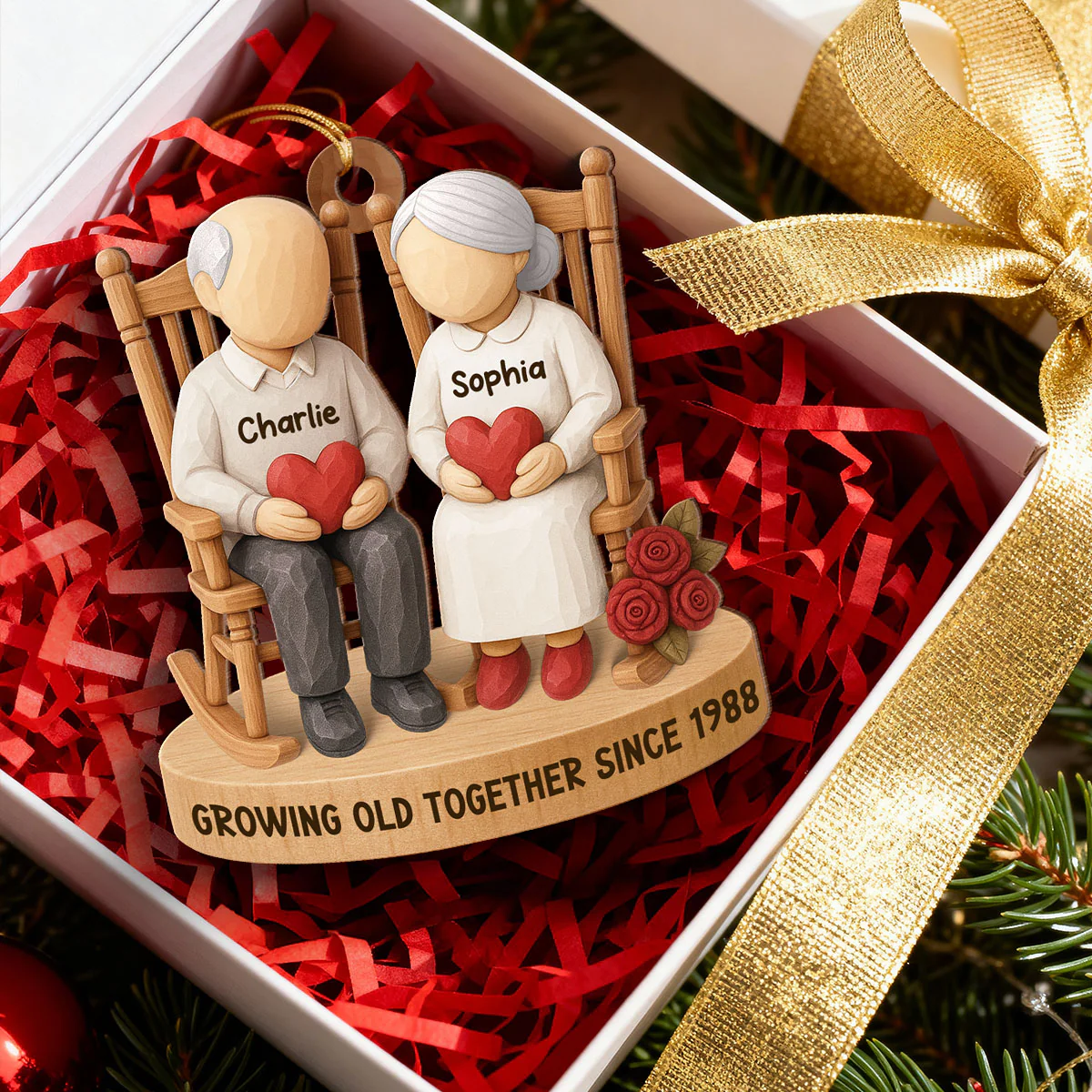 Old Couple Sitting on Chair - Personalized Wooden Ornament - Christmas Gift for him, Gift for her - Image 6