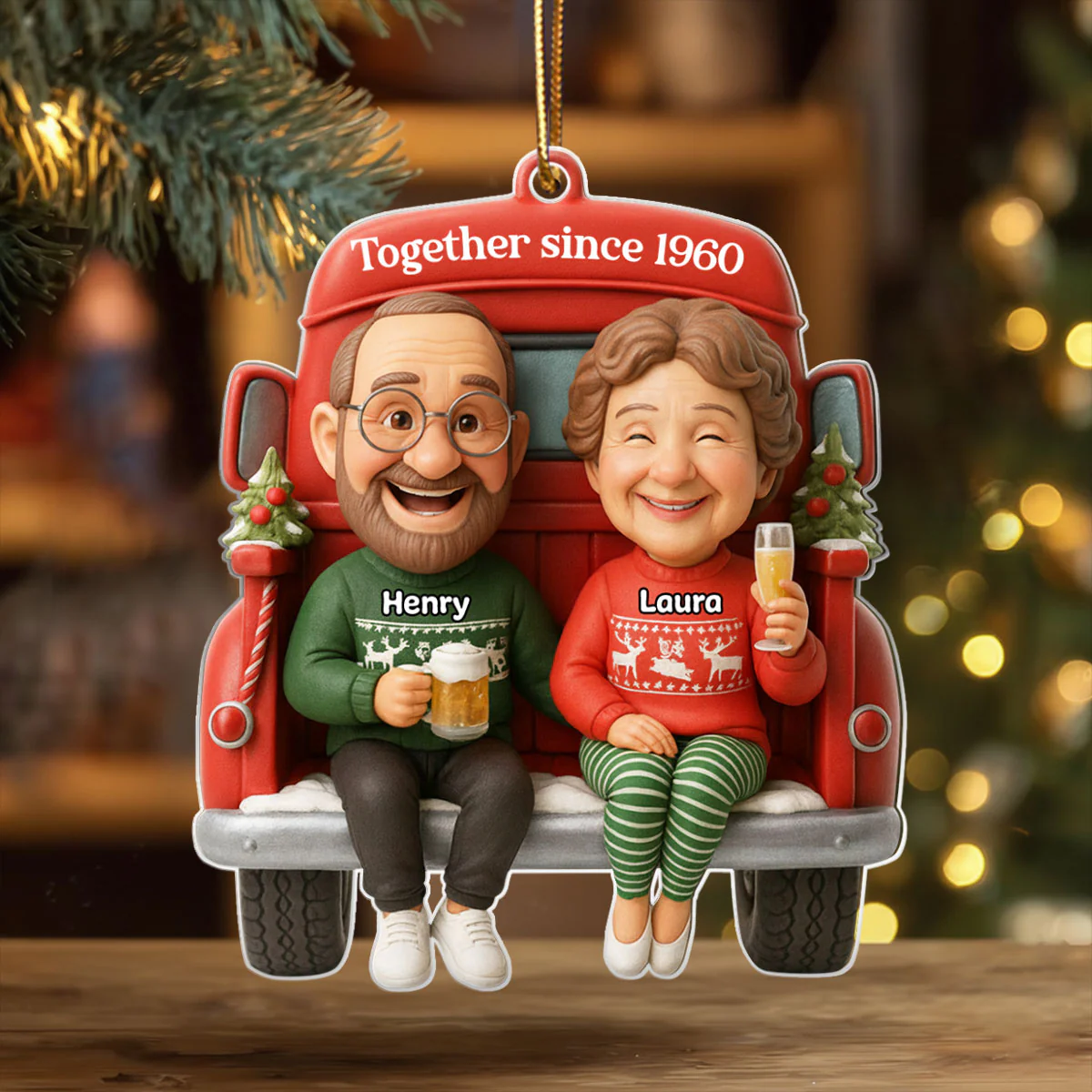 Old Couple Sitting on Christmas Truck - Personalized Acrylic Ornament - Christmas Gift for him, Gift for her