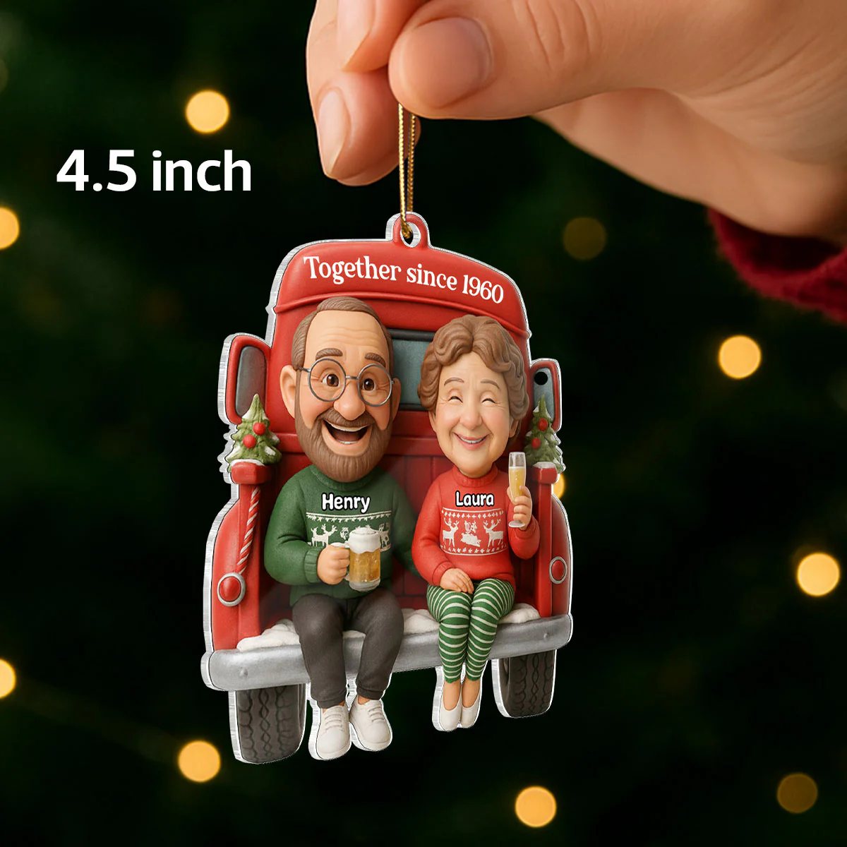 Old Couple Sitting on Christmas Truck - Personalized Acrylic Ornament - Christmas Gift for him, Gift for her - Image 2