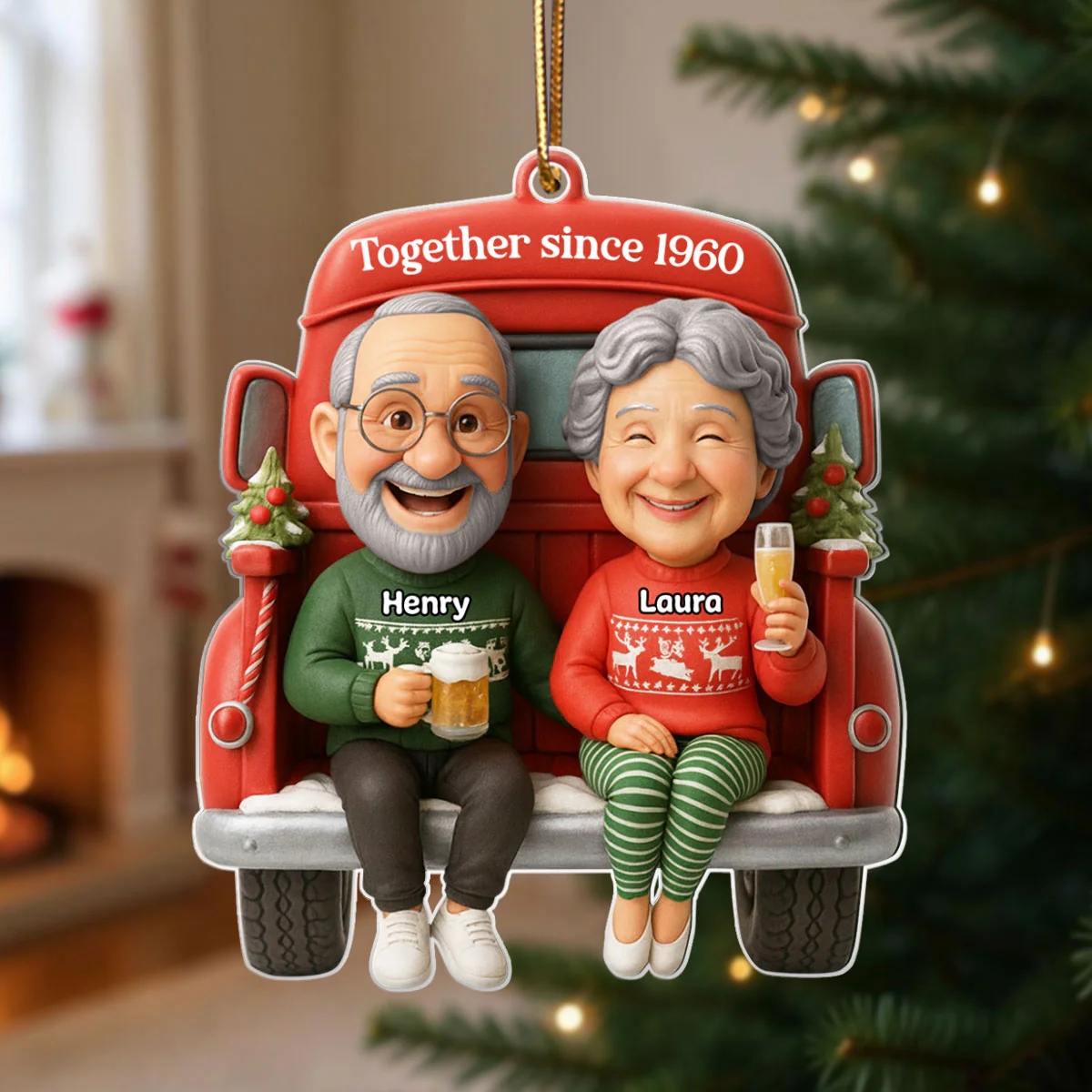 Old Couple Sitting on Christmas Truck - Personalized Acrylic Ornament - Christmas Gift for him, Gift for her - Image 6