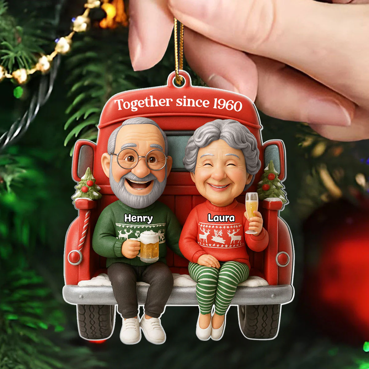 Old Couple Sitting on Christmas Truck - Personalized Acrylic Ornament - Christmas Gift for him, Gift for her - Image 7