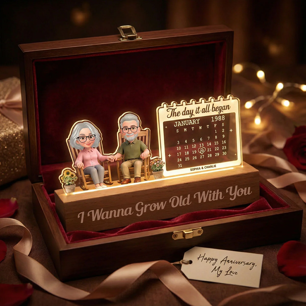 Old Couple Sitting On Rocking Chair Anniversary Date Calendar - Personalized Acrylic Block LED Night Light - Image 2