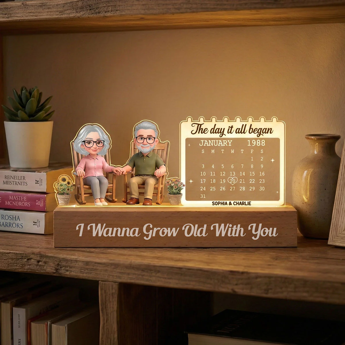 Old Couple Sitting On Rocking Chair Anniversary Date Calendar - Personalized Acrylic Block LED Night Light - Image 3