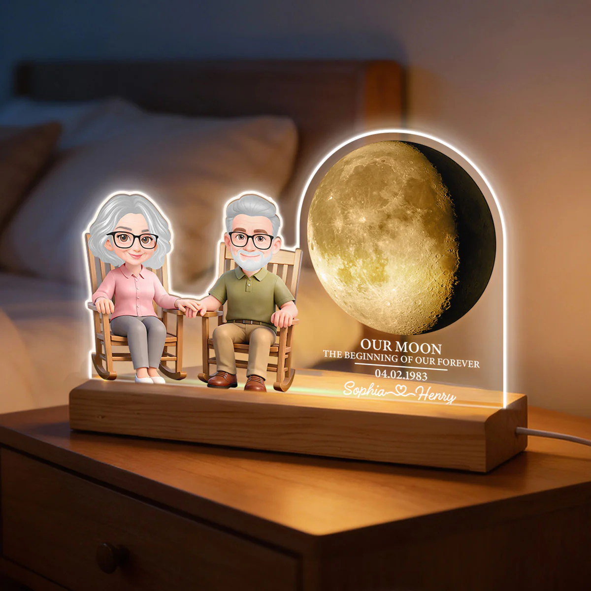 Old Couple Sitting On Rocking Chair Custom Moon Phase - Personalized Acrylic Plaque LED Night Light - Image 2