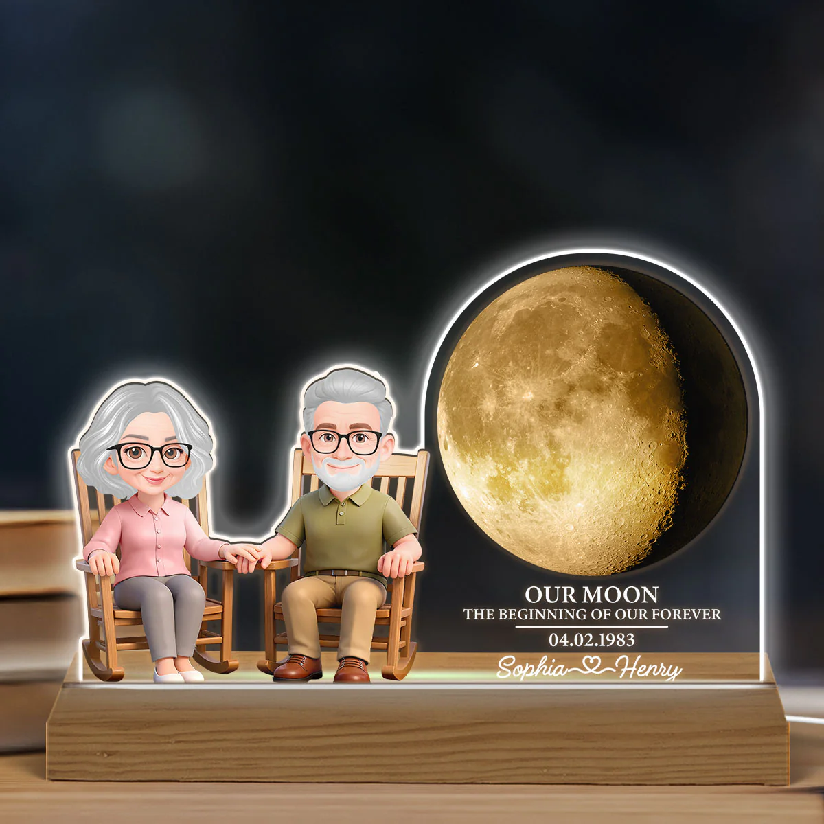 Old Couple Sitting On Rocking Chair Custom Moon Phase - Personalized Acrylic Plaque LED Night Light - Image 4